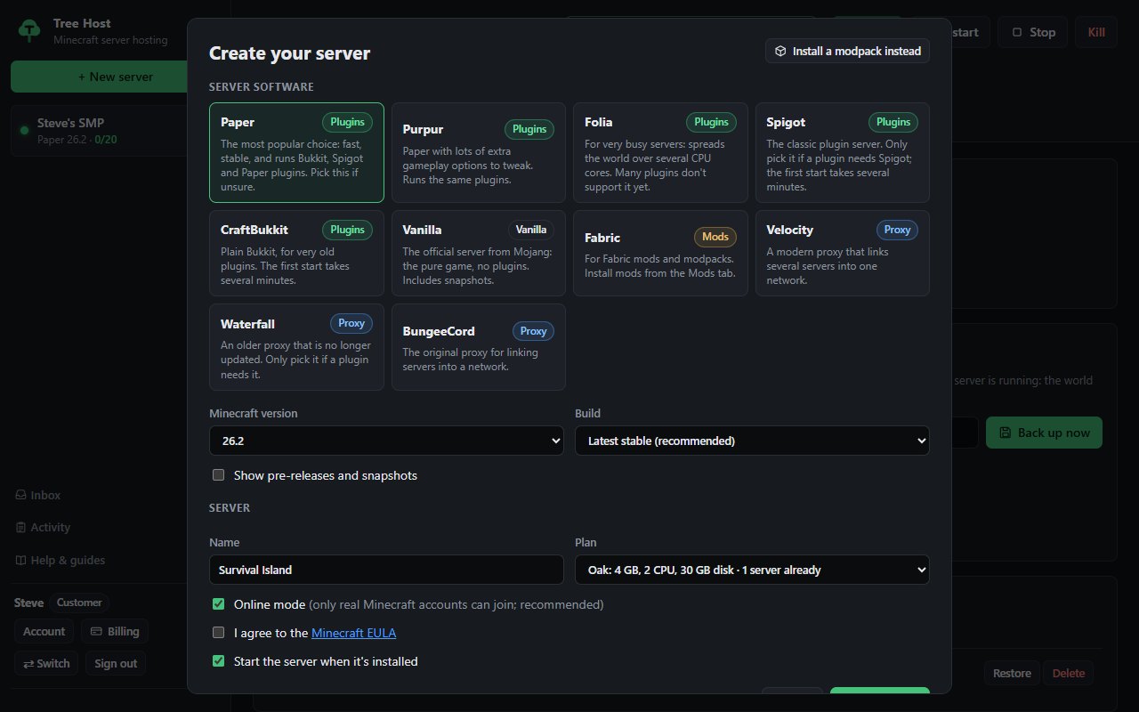 Creating a Paper server in the Tree Host dashboard